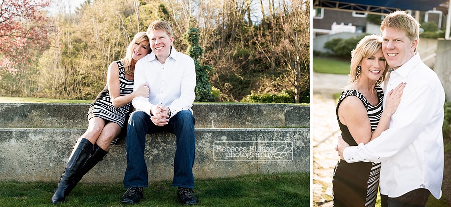 Smith Cove Park engagement portraits featuring a couple sitting on a cement ledge photographed by Rebecca Ellison Photography