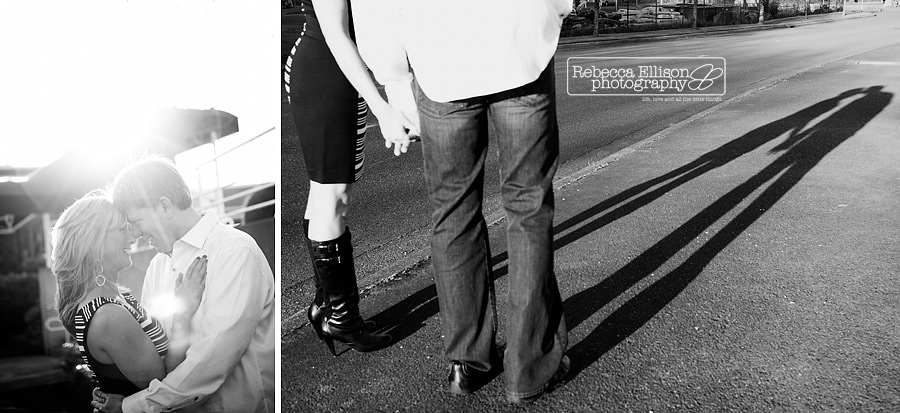 black and white engagement portraits featuring a shadow of a couple holding hands and kissing in the sunshine photographed by Rebecca Ellison Photography