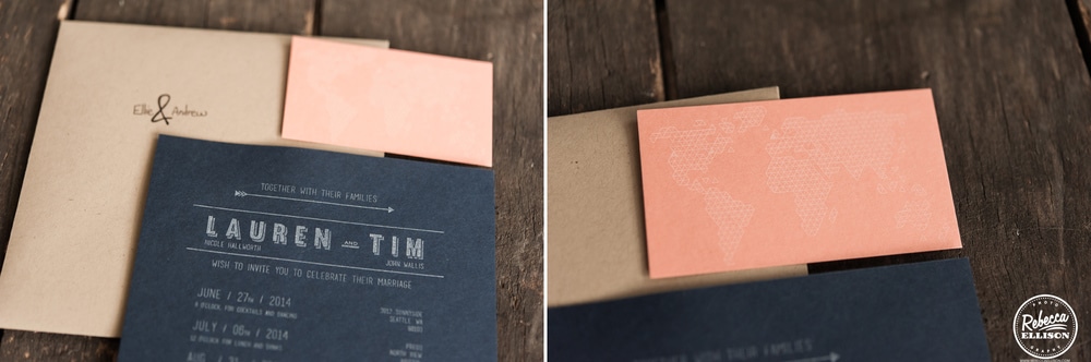 Black and coral wedding invitations against a wooden background photographed by Rebecca Ellison Photography