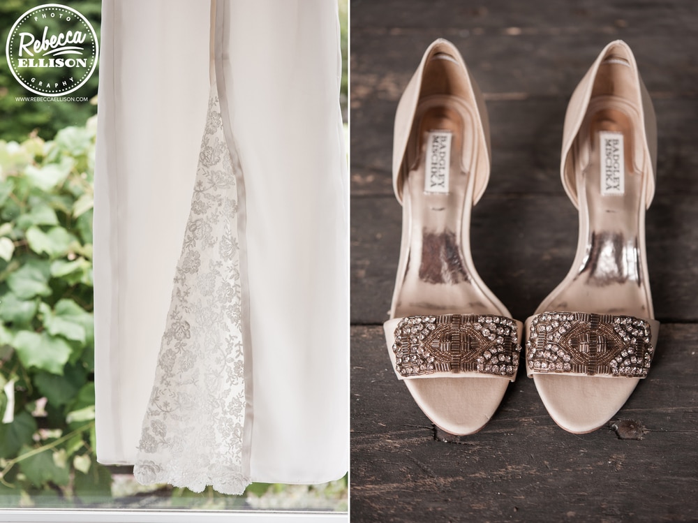 White wedding dress with lace details and sparkly shoes photographed by Seattle wedding photographer Rebecca Ellison
