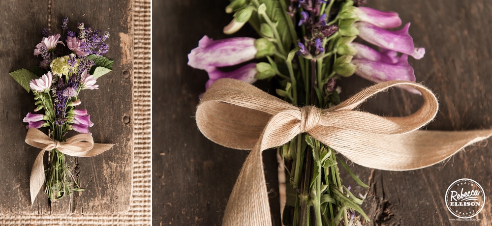 Bridal bouquet featuring purple flowers and burlap ribbon at an intimate backyard wedding photographed by Seattle wedding photographer Rebecca Ellison
