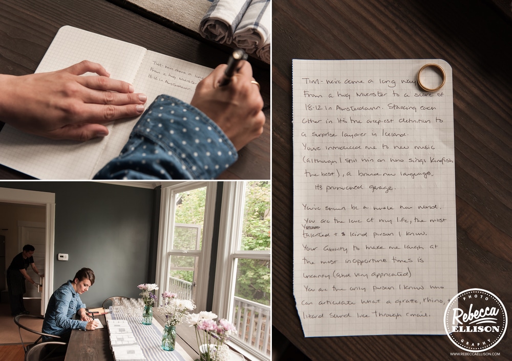 A bride puts the finishing touches on her wedding vows photographed by Rebecca Ellison Photography