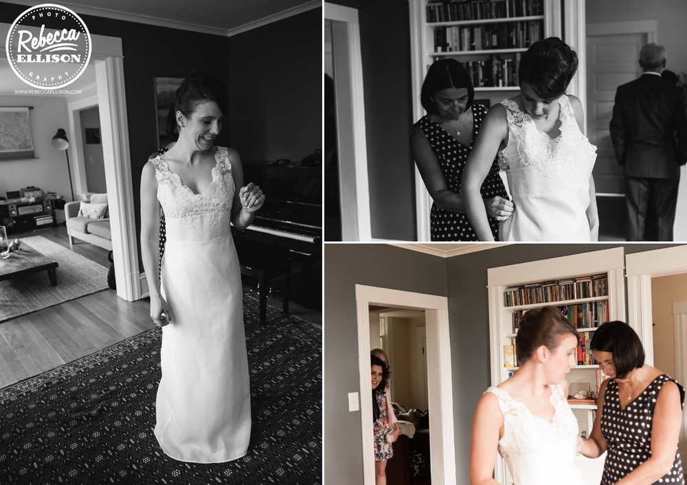 Bride gets ready for her Intimate backyard wedding featuring a white wedding dress with lace detail photographed by Seattle wedding photographer Rebecca Ellison