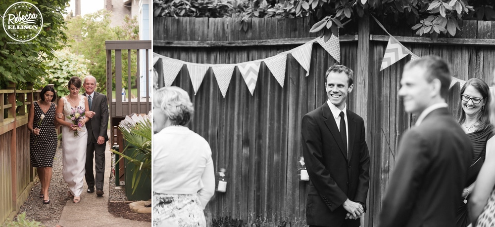 Groom waits for the wedding ceremony to start at an intimate backyard wedding featuring DIY penant banner decor photographed by Rebecca Ellison Photography