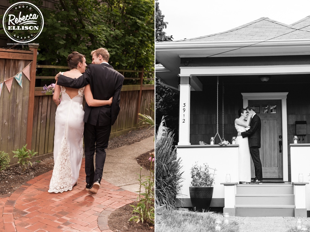 Bride and groom take a stroll and kiss on the front porch to celebrate their marriage featuring a white wedding dress with lace detail photographed by Seattle wedding photographer Rebecca Ellison