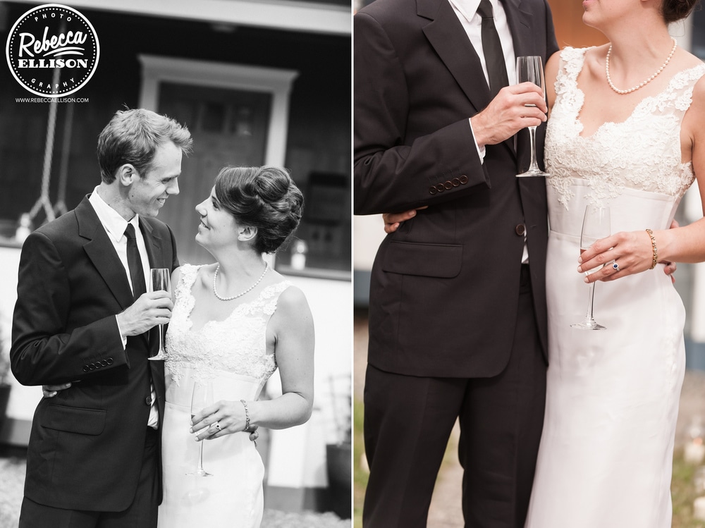 Bride and groom toast each other with champagne at their intimate backyard wedding in Seattle featuring a white wedding dress with lace detail photographed by Rebecca Ellison Photography