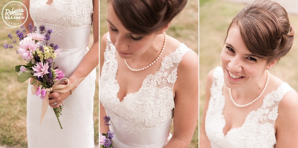 Bridal details featuring a white v-neck wedding dress with lace detail, lavender bridal bouquet and a pearl necklace photographed by Rebecca Ellison Photography