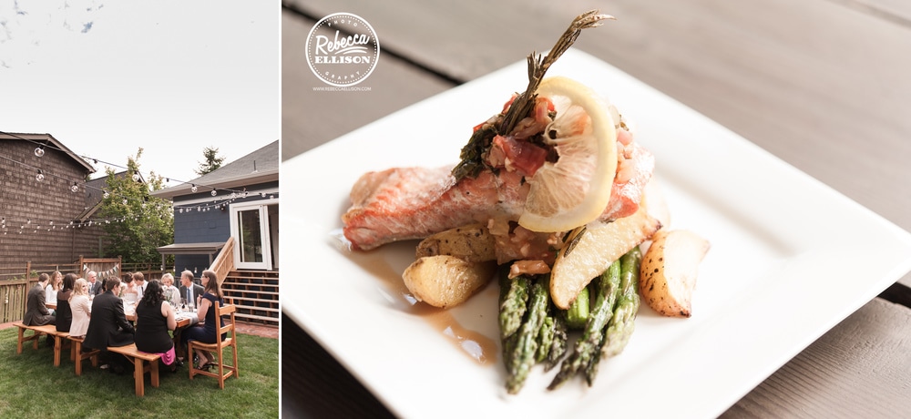 Salmon dinner entree at a DIY backyard wedding photographed by Seattle wedding photographer Rebecca Ellison