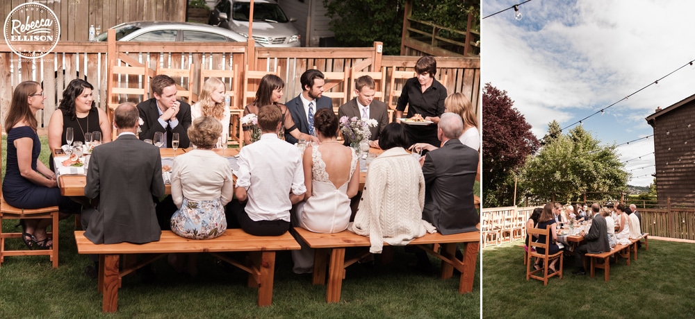 Wedding guest enjoy dinner at an intimate backyard wedding in Seattle photographed by Rebecca Ellison photography
