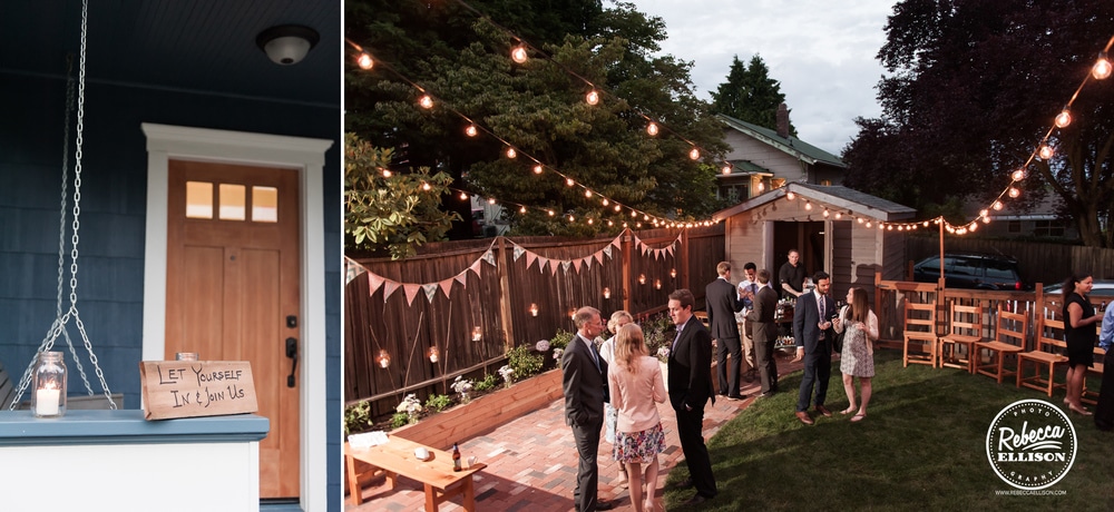 Evening falls and the lights come on at an intimate backyard wedding in Seattle featuring penant banners and wooden benches photographed by Rebecca Ellison photography