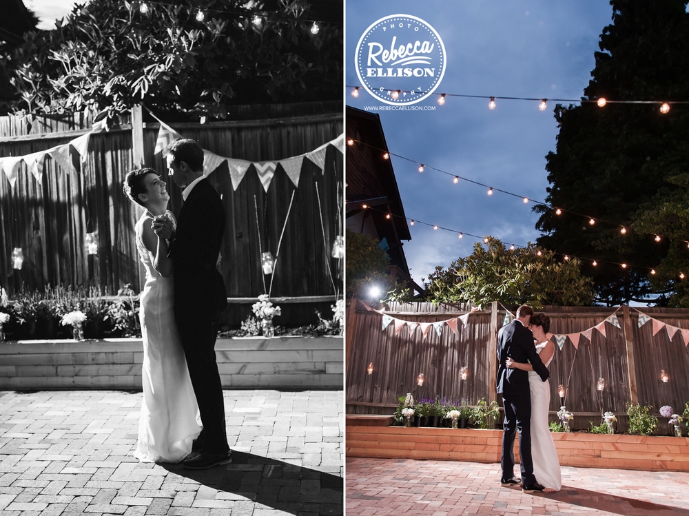 Bride and groom share a dance at their intimate backyard wedding featuring penant banners and light strings photography by Rebecca Ellison