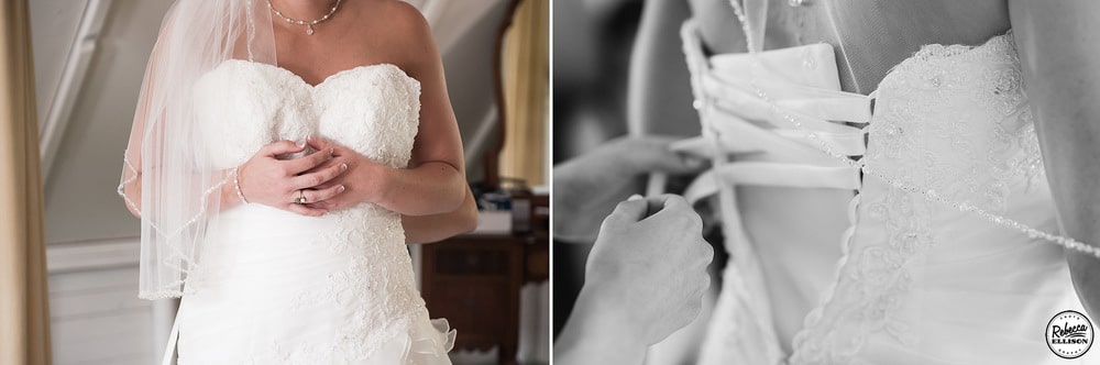 Bride gets dressed in a strapless wedding gown with a corset back photographed by Rebecca Ellison photography