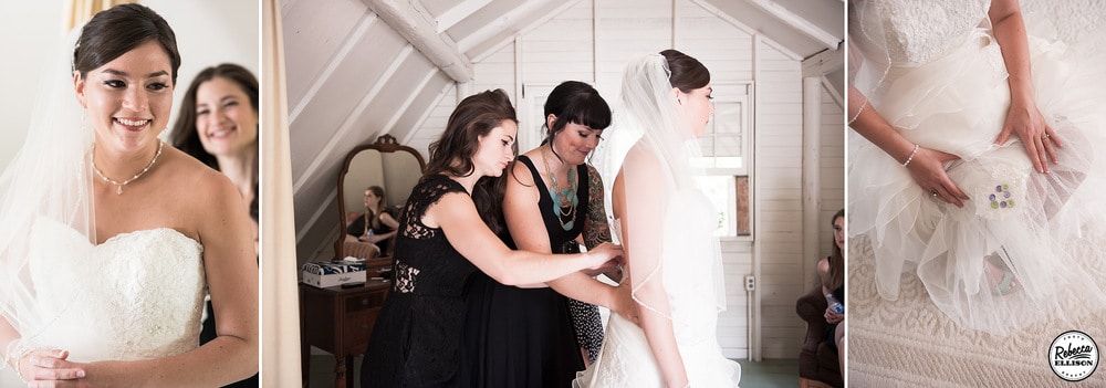 Bride gets dressed featuring a white strapless wedding dress and a layered lace skirt black bridesmaids dresses photographed by Seattle wedding photographer Rebecca Ellison