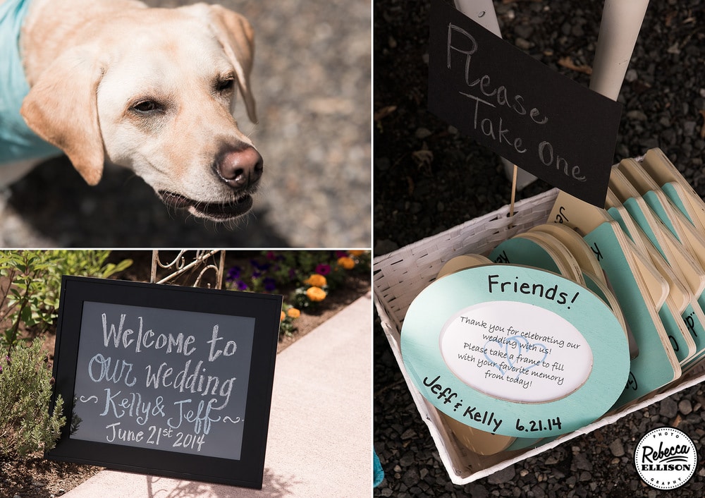 Dog included in wedding party at an outdoor garden wedding featuring chalkboard signs and personalized frames as wedding favors
