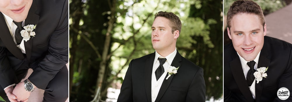 Groom details during an outdoor garden wedding portrait session featuring a black jacket, white vest, black tie, white boutonniere and a black watch