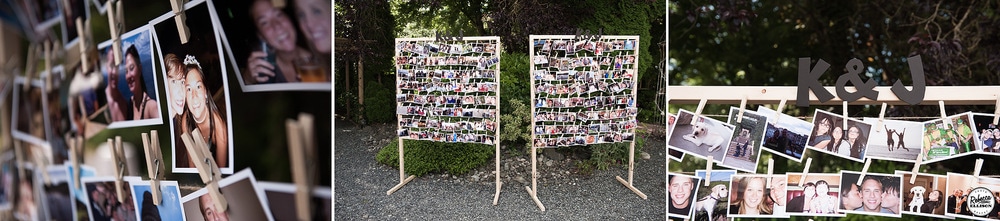 Clothespin photo display adds a personal touch to an outdoor garden wedding photographed by Seattle wedding photographer Rebecca Ellison