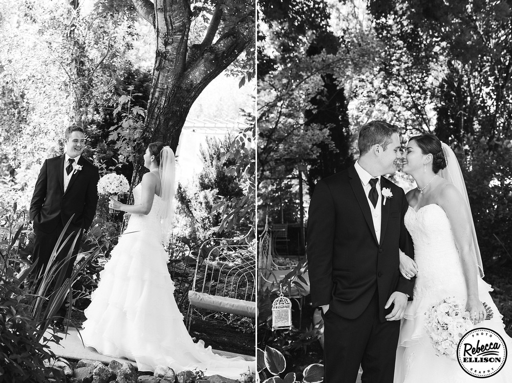 Groom gets a first look at his bride in front of a beautiful tree during outdoor wedding portraits photographed by Seattle wedding photographer Rebecca Ellison