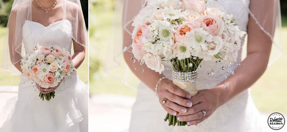 Bridal details featuring a bridal bouquet of peach and white flowers adorned whit crystals and a teardrop necklace photographed by Rebecca Ellison Photography