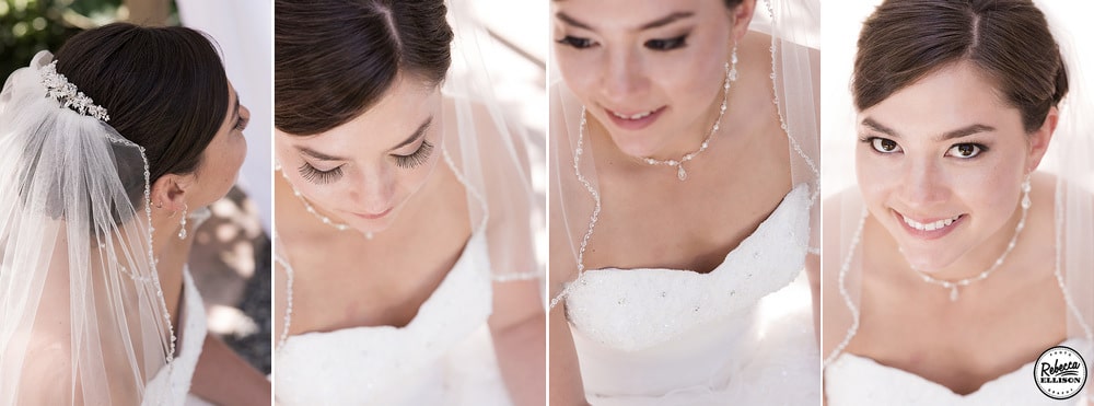 Bridal portraits featuring a crystal studded hair piece, veil, teardrop necklace and a white strapless dress photographed by Rebecca Ellison Photography