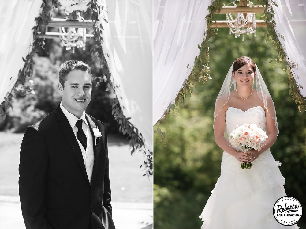 Black a white groom portrait under a wooden wedding arbor and bridal portrait featuring a white strapless wedding dress and tiered lace skirt photographed by Seattle wedding photographer Rebecca Ellison