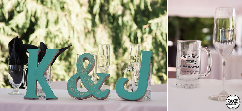 wedding details featuring blue monogrammed initals and Seattle Seahawks beer steins photographed by Seattle wedding photographer Rebecca Ellison