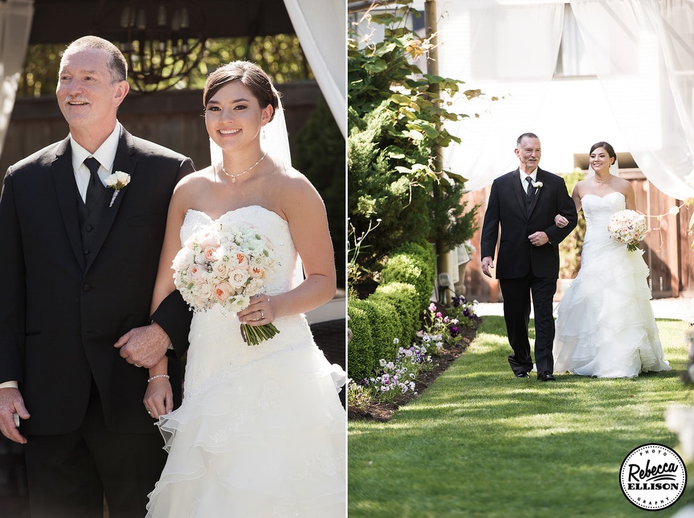 Bride walks down the aisle with her father at her outdoor garden wedding featuring a white strapless wedding dress photographed by Seattle wedding photographer Rebecca Ellison