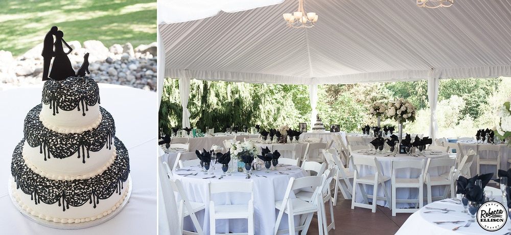 Black and white wedding cake with a bride groom and dog cake topper at an outdoor garden wedding under a tent