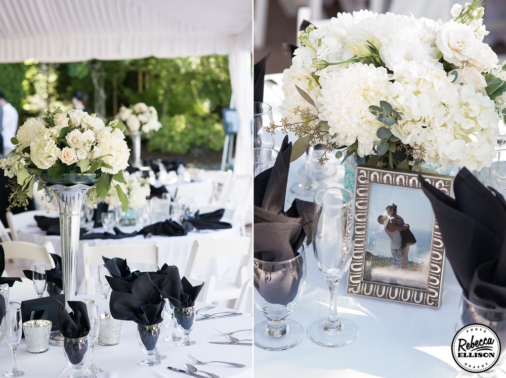 Wedding reception details featuring white flowers, silver vases and black napkins photographed by Seattle wedding photographer Rebecca Ellison