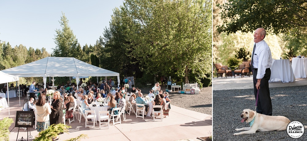 Wedding reception at an outdoor garden wedding featuring a large paved brick patio and dog cools off in the shade