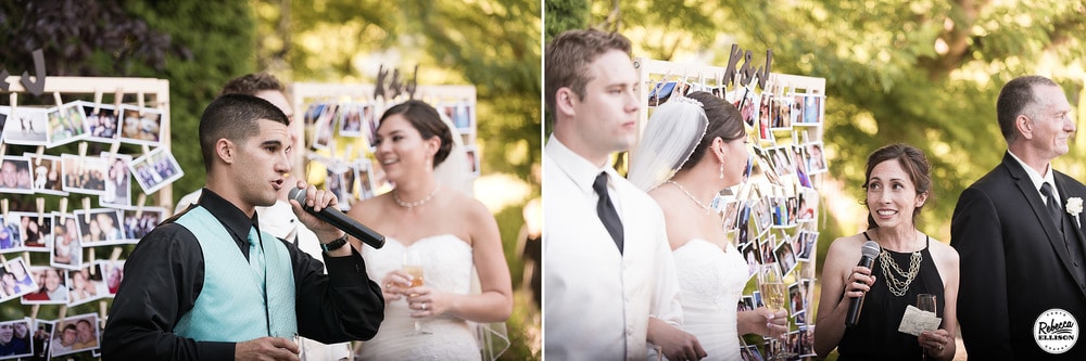Toasts at an outdoor garden wedding featuring a clothespin photo display backdrop