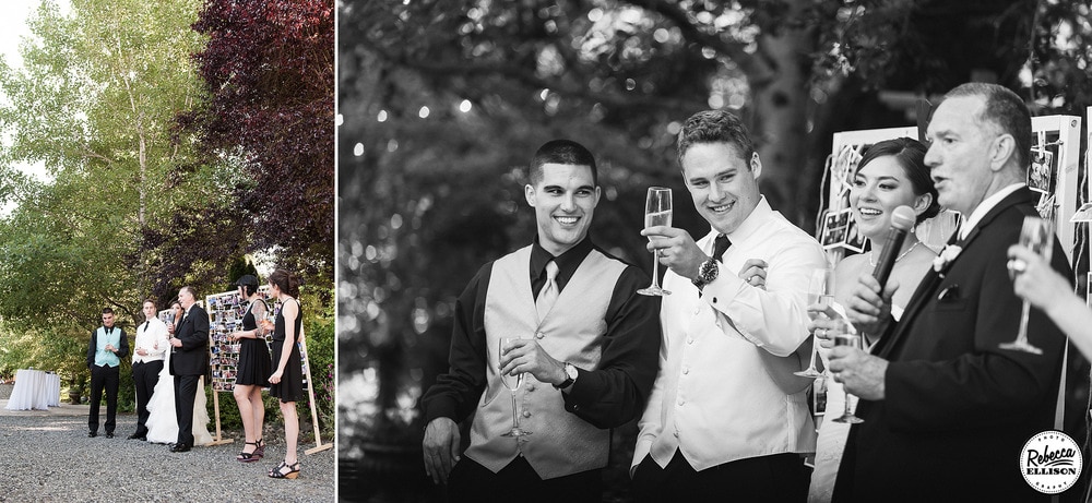 Outdoor wedding reception toasts in front of a clothespin photo display photography by Rebecca Ellison