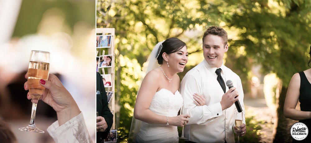 Wedding toasts at an outdoor garden wedding on a summer evening in Seattle photographed by Rebecca Ellison Photography