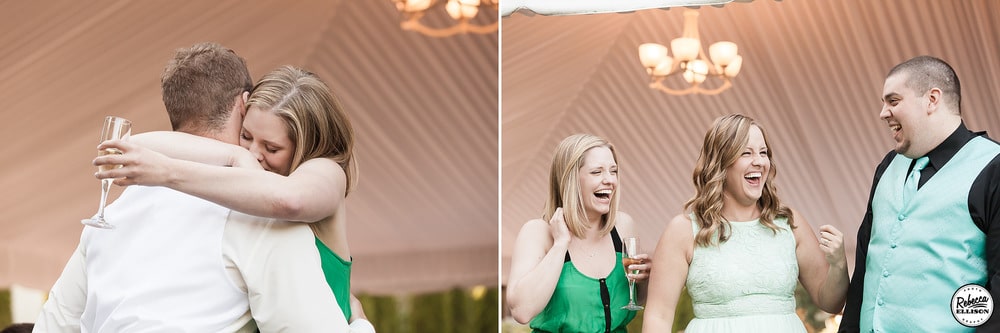Guests enjoy an outdoor garden wedding under a tent with a chandelier photographed by Rebecca Ellison Photography