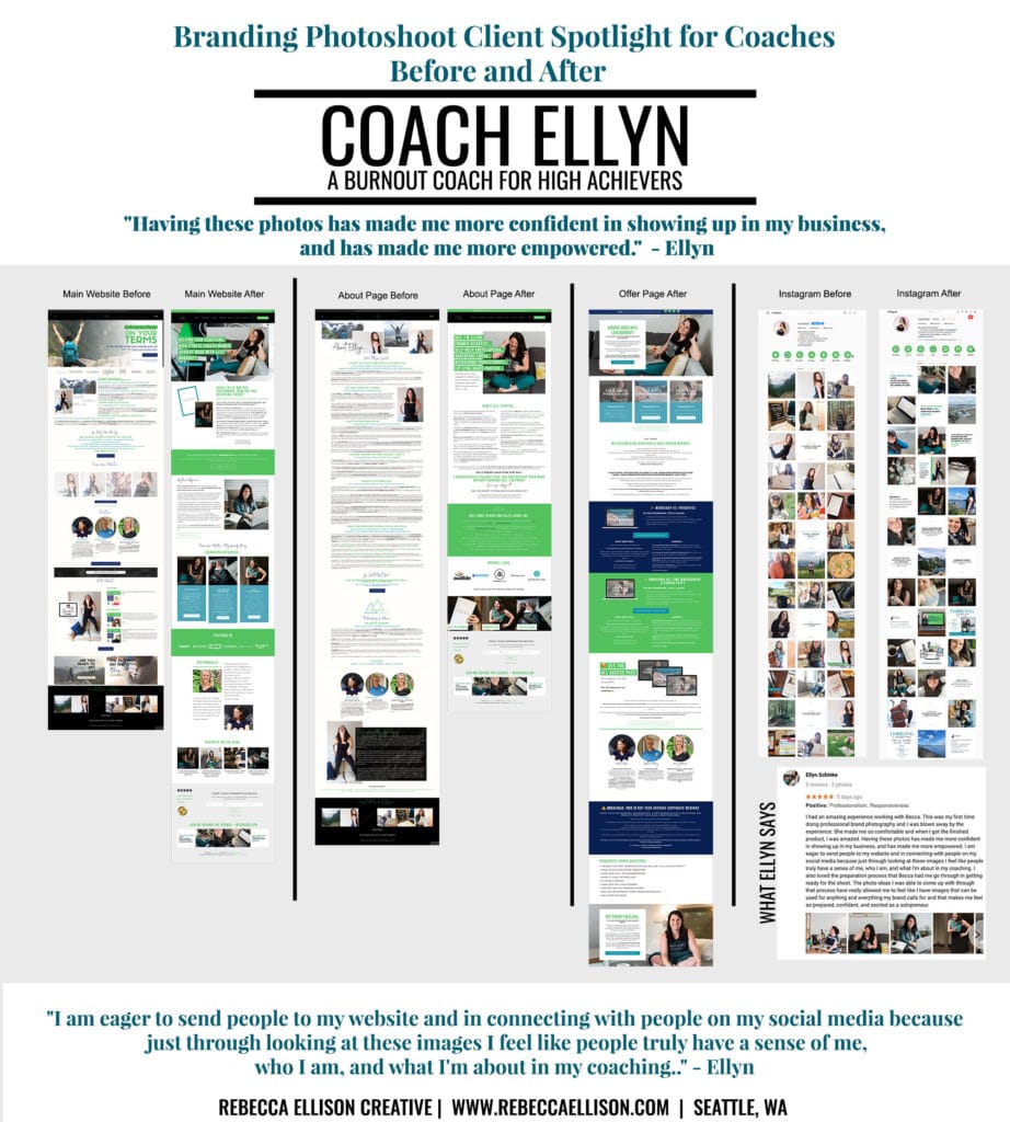 before and after website and social media account for lifestyle coach Coach Ellyn. Before and after her brand photoshoot