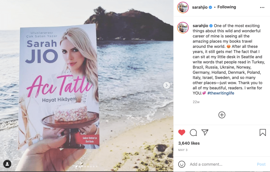 Sarah Jio's Instagram post of her book cover that she chose from her brand photoshoot with rebecca ellison, brand photographer